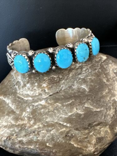 Navajo Blue Kingman Turquoise Cuff Bracelet | Sterling Silver | 5 Stone Design | Women's Jewelry | Authentic Native American Handmade