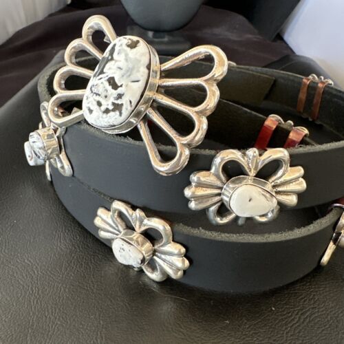Men's White Buffalo Turquoise Concho Belt | Sterling Silver Navajo Tufa | Authentic Native American Handmade | 16683