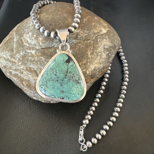 Men's Navajo Blue Spiderweb Turquoise Pendant Necklace | Sterling Silver | Authentic Native American Handmade | 16223