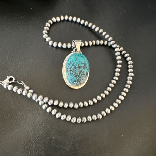 Men's Navajo Blue Spiderweb Turquoise Pendant Necklace | Sterling Silver | Authentic Native American Handmade | 16220