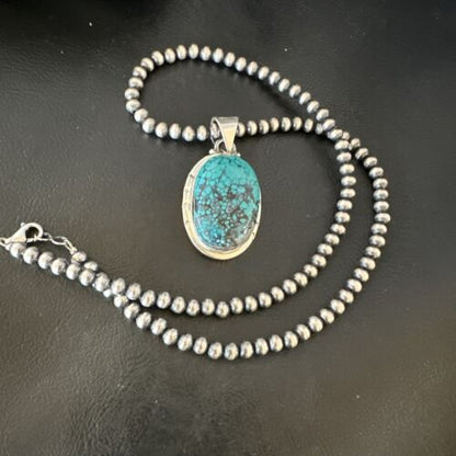 Men's Navajo Blue Spiderweb Turquoise Pendant Necklace | Sterling Silver | Authentic Native American Handmade | 16220