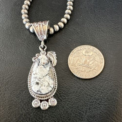 Navajo White Buffalo Turquoise Pendant Necklace | Sterling Silver | Authentic Native American Handmade | 17514