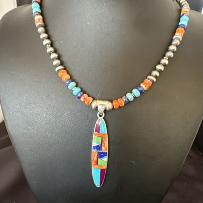 Navajo Spiny Oyster Turquoise Inlay Pendant Necklace | Sterling Silver | 21" | Authentic Native American Handmade | 16925