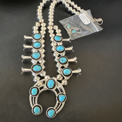 Navajo Kingman Turquoise Shadowbox Squash Blossom Necklace | Sterling Silver | 17" | 16111