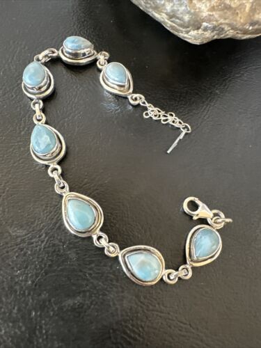 Navajo Blue Larimar Link Bracelet | Sterling Silver | 8" | Authentic Native American Handmade | 16083