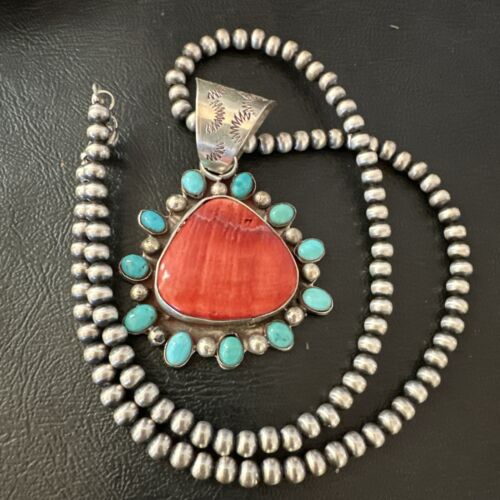 Navajo Blue Kingman Turquoise & Red Spiny Oyster Pendant | Sterling Silver | 17227