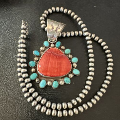 Navajo Blue Kingman Turquoise & Red Spiny Oyster Pendant | Sterling Silver | 17227