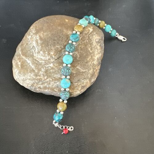 Women's Blue Turquoise Bead Bracelet | Southwestern Sterling Silver Link | 8" | 17236