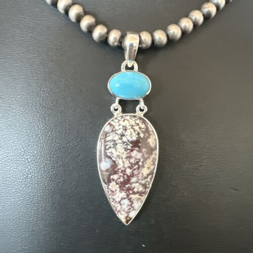 Navajo Wild Horse | Blue Kingman Turquoise Necklace | Sterling Silver | Authentic Native American Handmade | 17316