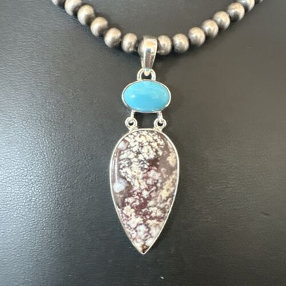 Navajo Wild Horse | Blue Kingman Turquoise Necklace | Sterling Silver | Authentic Native American Handmade | 17316