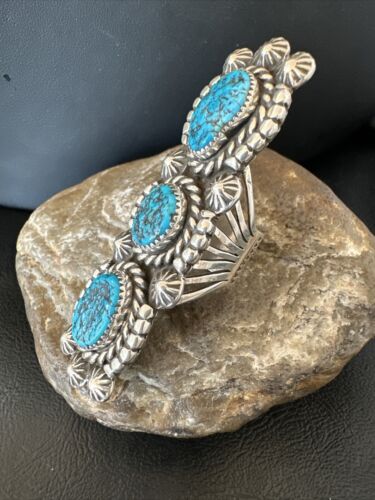 Navajo Blue Kingman Turquoise Cluster Ring | Authentic Native American Sterling Silver | Multi-Stone | Sz 9 | 16322