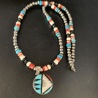 Zuni Multi-Color Turquoise Onyx Necklace with Inlay Pendant | Sterling Silver | 13565
