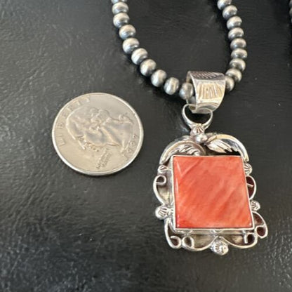 Navajo Red Spiny Oyster Pendant Necklace | Sterling Silver | Authentic Native American Handmade | 16143