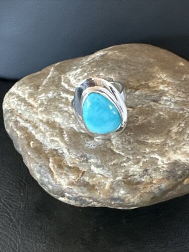 Navajo Sterling Silver Blue Kingman Turquoise Ring | Sz 8 | Authentic Native American Handmade | 17597