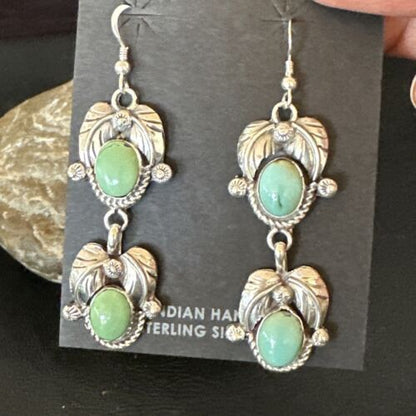 Navajo Blue Green Turquoise Dangle Earrings | Sterling Silver | 1.5" | Authentic Native American Handmade | 17386