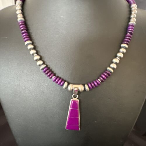 Navajo Purple Sugilite Inlay Pendant Necklace | Sterling Silver | Authentic Native American Handmade | 16763 - Masha USA