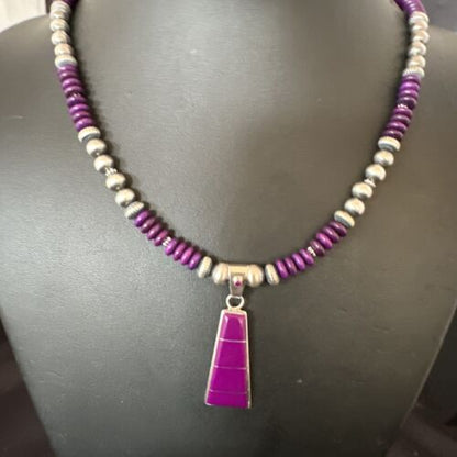 Navajo Purple Sugilite Inlay Pendant Necklace | Sterling Silver | Authentic Native American Handmade | 16763 - Masha USA