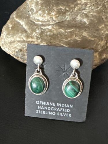 Navajo Green Malachite Dangle Earrings | Sterling Silver | Authentic Native American Handmade | 14922