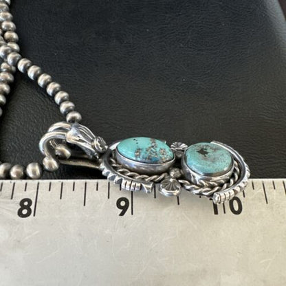 Navajo Blue Kingman Turquoise 2 Stone Cluster Pendant | Sterling Silver | Authentic Native American Handmade | 17634
