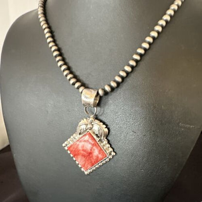 Navajo Red Spiny Oyster Pendant Necklace | Sterling Silver | Authentic Native American Handmade | 16145