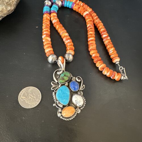 Navajo Blue Turquoise Spiny Oyster Pendant | Sterling Silver Bead Necklace | Multi-Stone | 15058