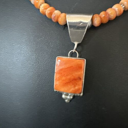 Navajo Pearls Sterling Silver Necklace with Orange Spiny Oyster Pendant | 17049