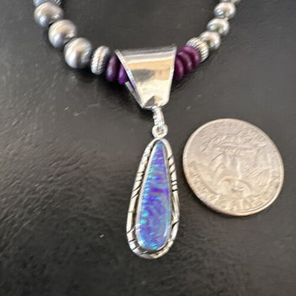 Navajo Faux Opal Pendant with Purple Sugilite Beads | Sterling Silver Necklace | 16746