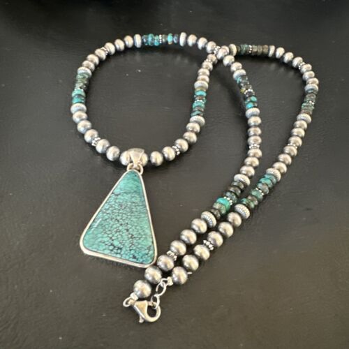 Men's Navajo Blue Spiderweb Turquoise Pendant Necklace | Sterling Silver | Authentic Native American Handmade | 16242