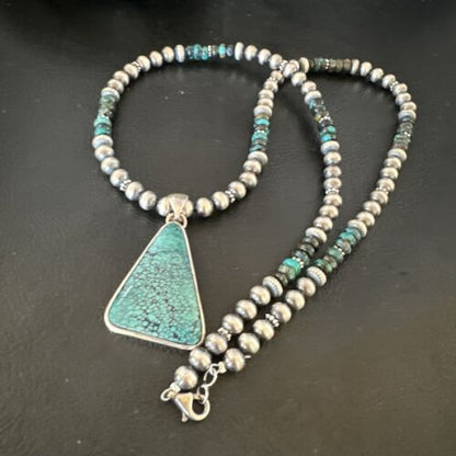 Men's Navajo Blue Spiderweb Turquoise Pendant Necklace | Sterling Silver | Authentic Native American Handmade | 16242