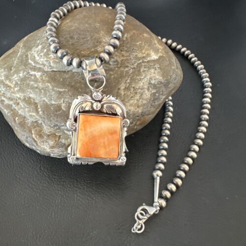 Navajo Orange Spiny Oyster Pendant Necklace | Sterling Silver | 20" | Authentic Native American Handmade | 16142