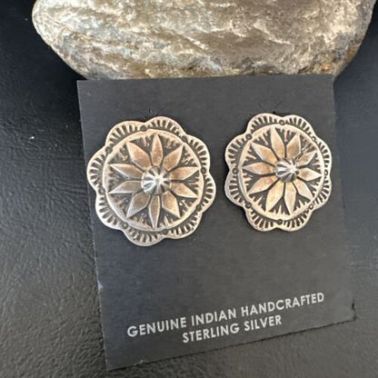 Navajo Sterling Silver Stamped Round Earrings | Authentic Native American Handmade | 15937
