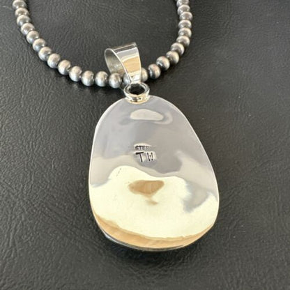 Navajo Blue Turquoise #8 Pendant | Sterling Silver Necklace with Pearls | Authentic Native American Handmade | 16347