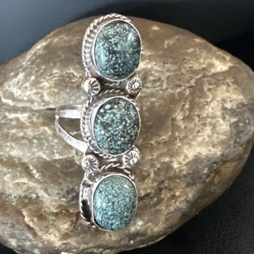 Navajo Blue Spiderweb Turquoise Cluster Ring | Authentic Native American Sterling Silver | Multi-Stone | Sz 9 | 16704