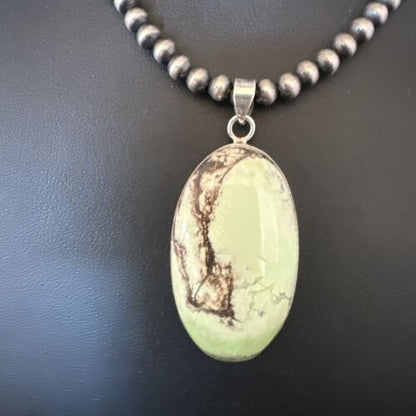 Navajo Green Gaspeite Pendant Necklace | Sterling Silver | Authentic Native American Handmade | 15483