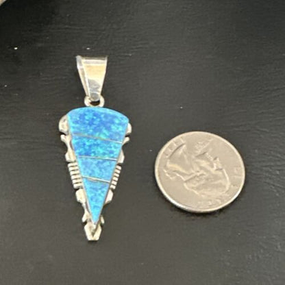 Navajo Arrowhead Blue Opal Inlay Pendant Necklace | Sterling Silver | Authentic Native American Handmade | 15677