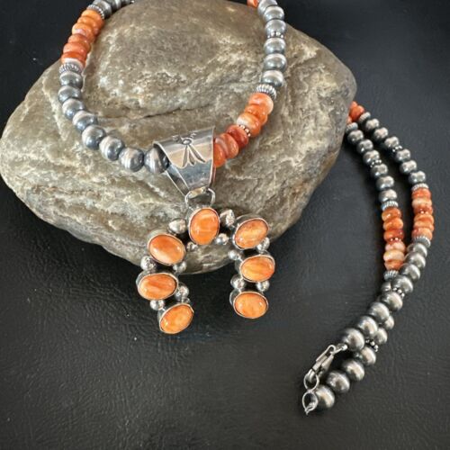 Navajo Pearls Orange Spiny Oyster Naja Pendant | Sterling Silver Necklace | Authentic Native American Handmade | 16804