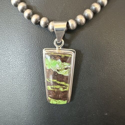 Navajo Green Gaspeite Pendant Necklace | Sterling Silver | Authentic Native American Handmade | 16361