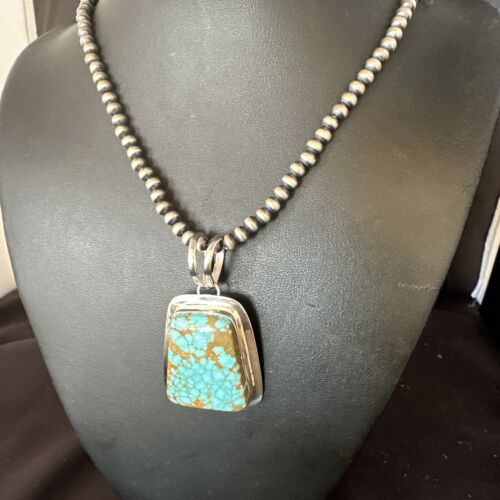 Men's Blue #8 Turquoise Pendant Necklace | Navajo Sterling Silver | Authentic Native American Handmade | 14973