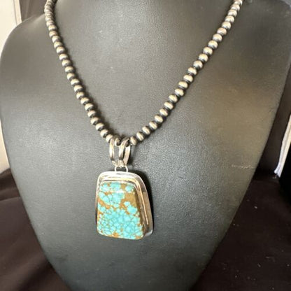 Men's Blue #8 Turquoise Pendant Necklace | Navajo Sterling Silver | Authentic Native American Handmade | 14973