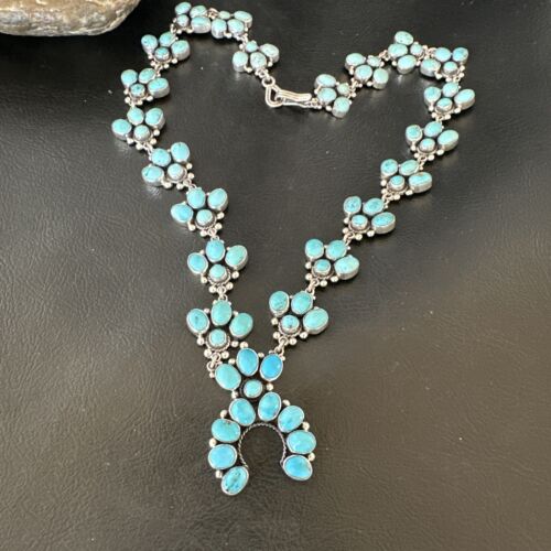 Rare Sleeping Beauty Kingman Turquoise Squash Blossom Necklace | Sterling Silver | 16269