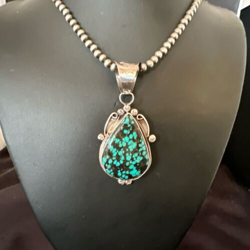 Men's Spiderweb Turquoise Pendant | Navajo Pearls Sterling Silver Necklace | Authentic Native American Handmade | 17067