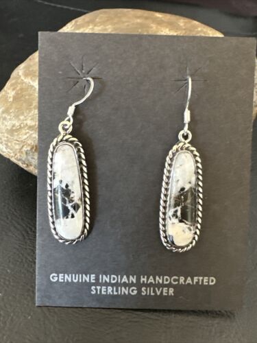Navajo White Buffalo Turquoise Dangle Earrings | Sterling Silver | Authentic Native American Handmade | 16515