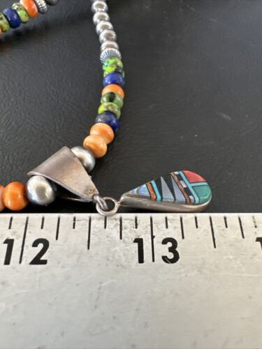 Navajo Spiny Oyster Turquoise Lapis Inlay Pendant Necklace | Sterling Silver | 21" | Authentic Native American Handmade | 16631
