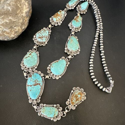 Navajo Blue Turquoise Lariat Necklace | Sterling Silver | 30" | Native American Handmade | 16488
