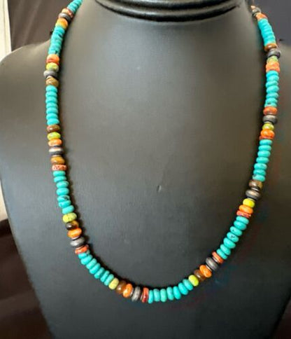 Navajo Blue Turquoise Spiny Oyster Necklace | Sterling Silver | 19" | Authentic Native American Handmade | 17489