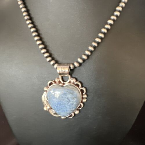 Men's Blue Heart Denim Lapis Pendant Necklace | Navajo Pearls | Sterling Silver | 15524