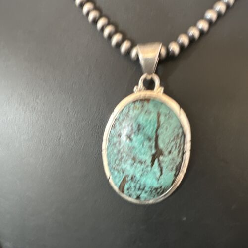 Men's Navajo Blue Spiderweb Turquoise Pendant Necklace | Sterling Silver | Authentic Native American Handmade | 16212