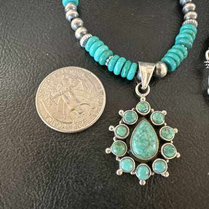 Navajo Blue Turquoise Cluster Pendant Necklace | Sterling Silver | Native American Handmade | 15815