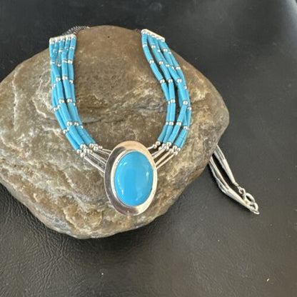 Navajo Green Turquoise Pendant Heishi Necklace| 5-Strand Sterling Silver | 18" | Authentic Native American Handmade | 17177