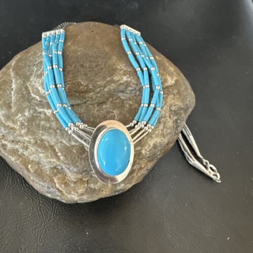 Navajo Green Turquoise Pendant Heishi Necklace| 5-Strand Sterling Silver | 18" | Authentic Native American Handmade | 17177